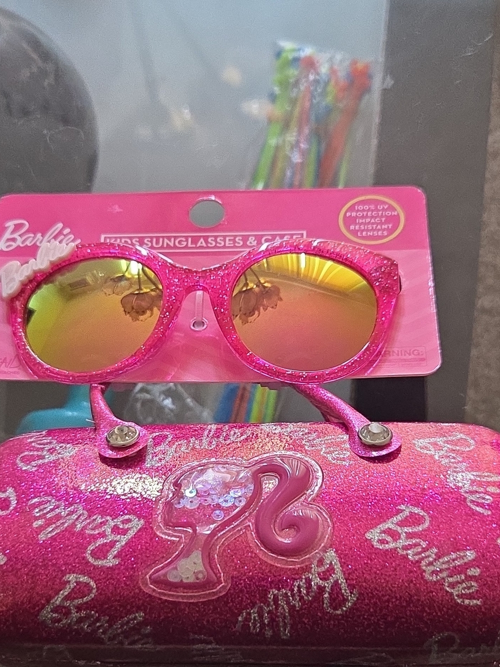 Barbie Kids Pink Glitter Sunglasses with Pink Case